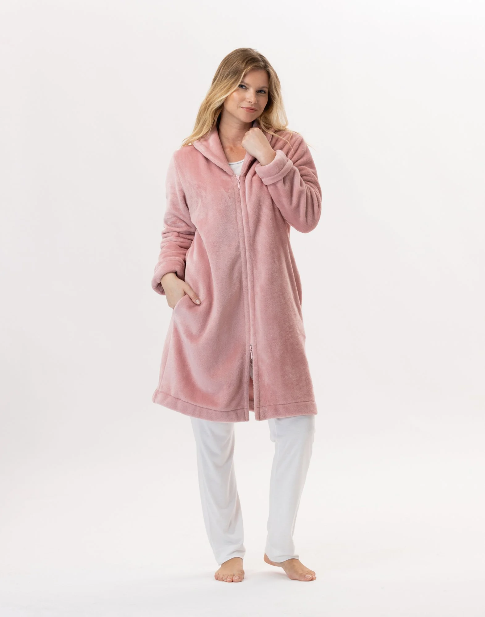 ESSENTIEL H56B - Robe de chambre zipée en peluche flanelle | Rose
