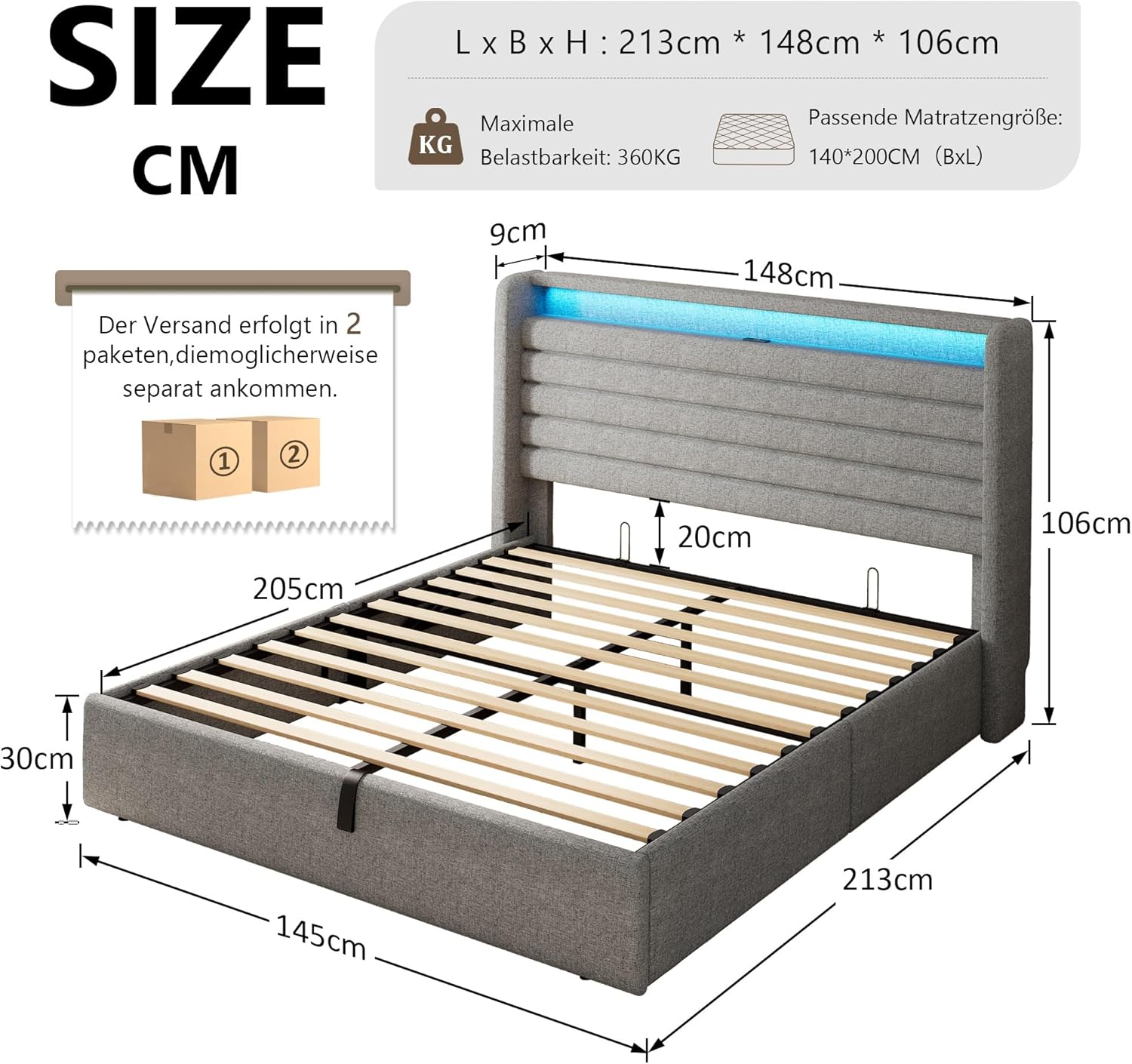 FEONASE Bett 140x200 mit Stauraum, Polsterbett 140x200 cm mit LED-Beleuchtung & Ladestation, Bettgestell mit Hydraulischem und Leinen Kopfteil Stauraum, Lattenrost, Ohne Matratze, Hellgrau