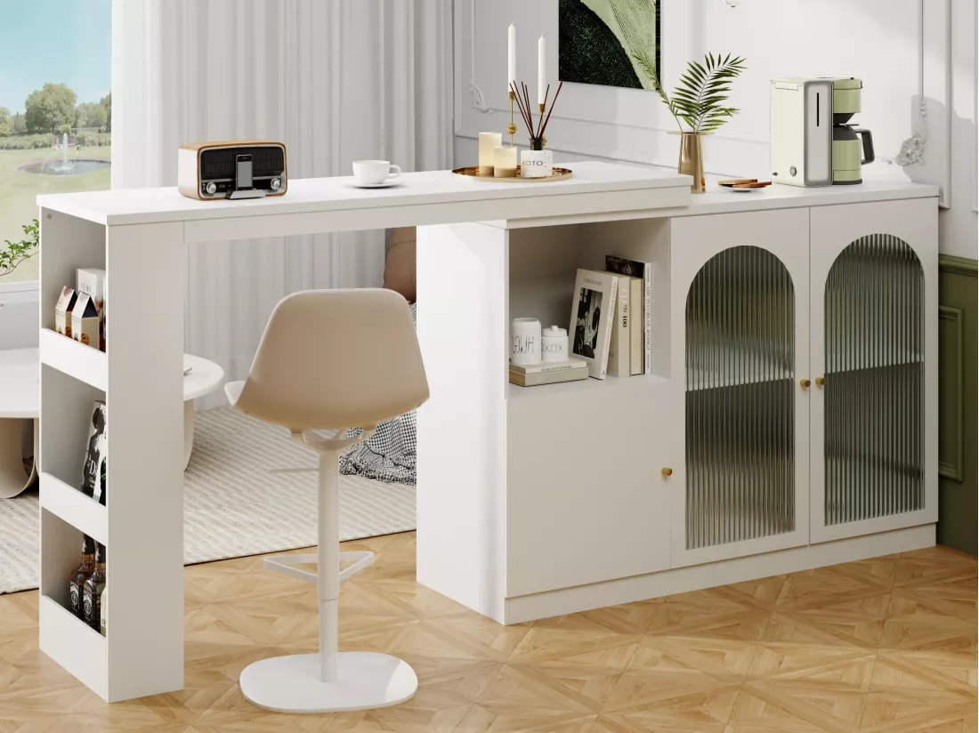 Buffet、Meuble de bar rotatif en MDF - grand espace de rangement - style contemporain - Blanc