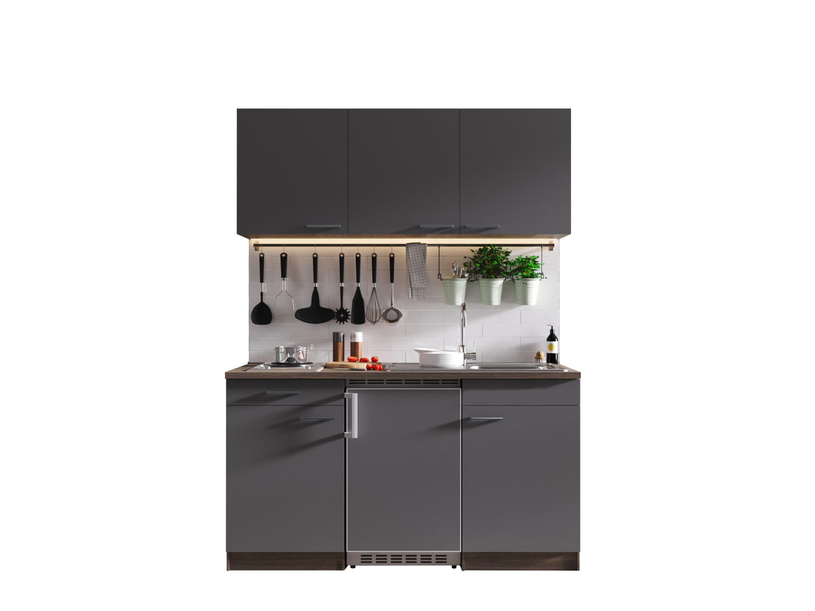 RESPEKTA Singleküche OLIVER - grau - Eiche York - mit E-Geräten - 150 cm