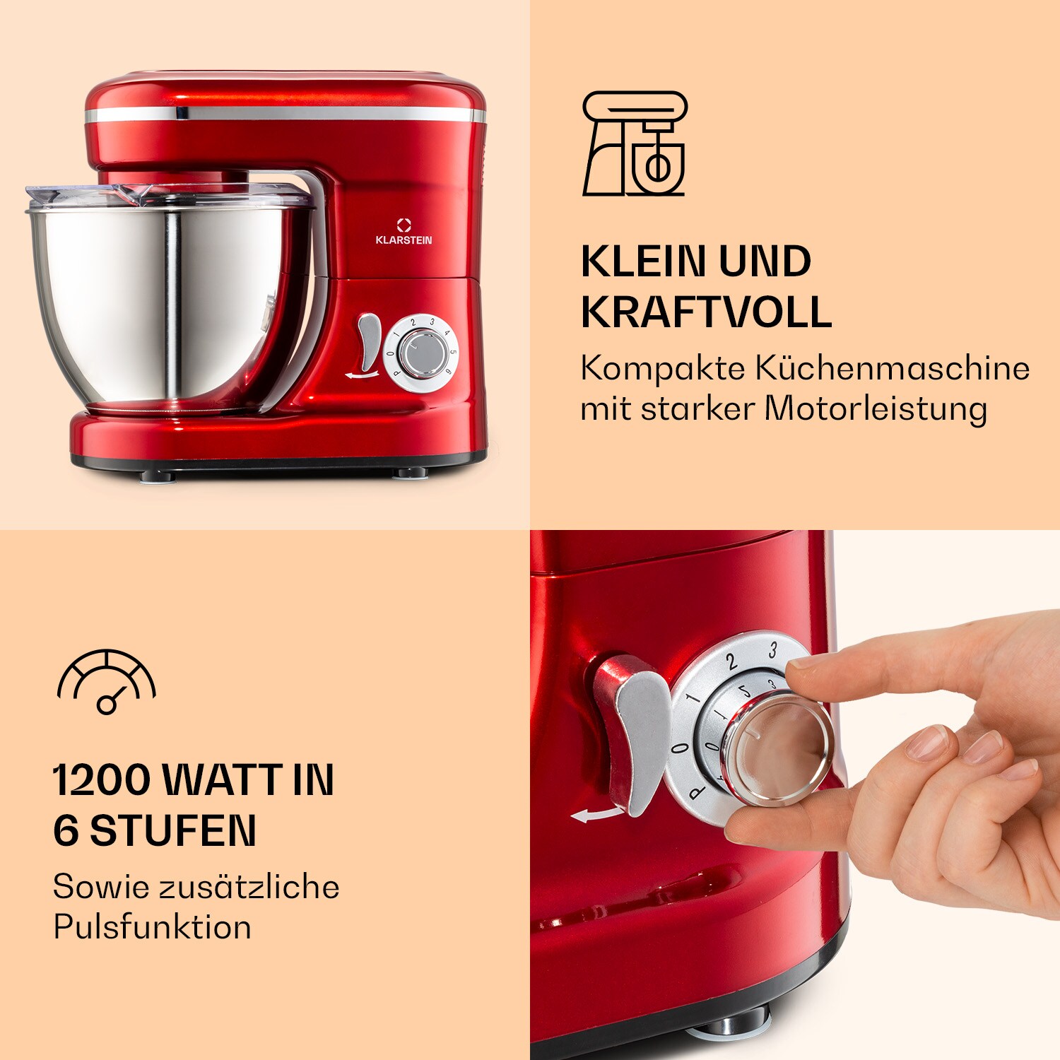 Bella Mini Rührmaschine 1200 W 6 Stufen 4 Liter Edelstahl Pulsfunktion