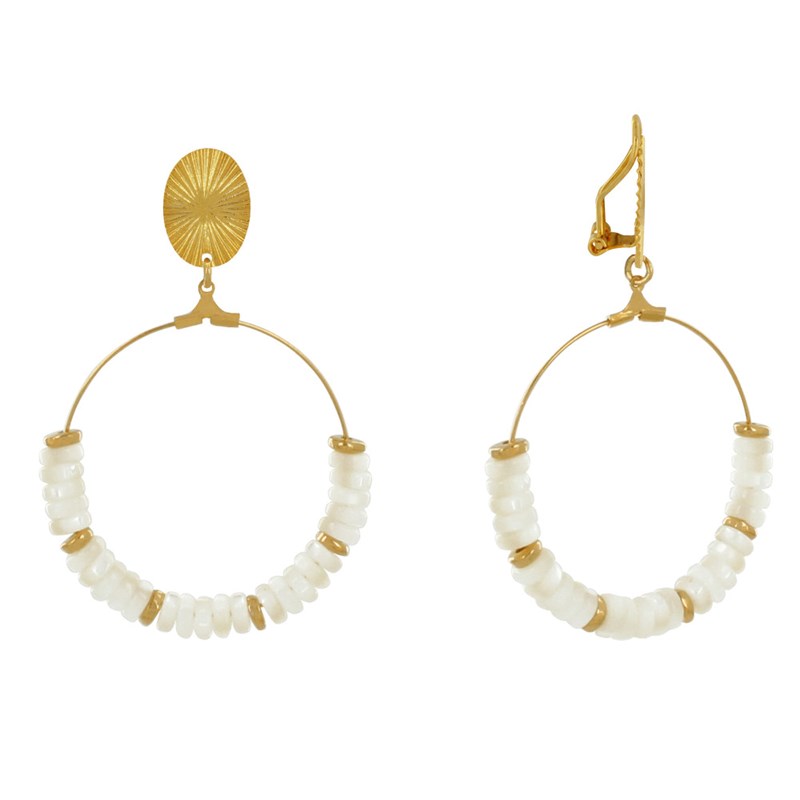 Boucles d'Oreilles Clip Laiton Doré Cercle et Petits Anneaux de Nacre