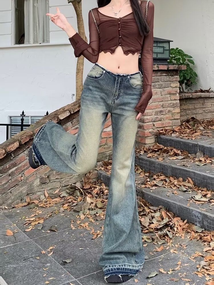 Rosesand - Low Waist Washed Slim-Fit Boot-Cut Jeans