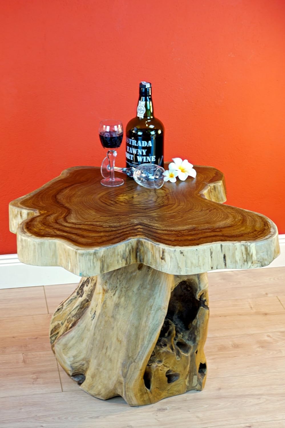 Kinaree Holz Beistelltisch mit Baumscheibe ALOR Setar mit Ø ca. 60cm - Kleiner Wurzelholz Couchtisch aus massivem Teak in rustikaler Optik mit Tischplatte aus Wurzel Baumscheibe (50 x 55-60 cm)