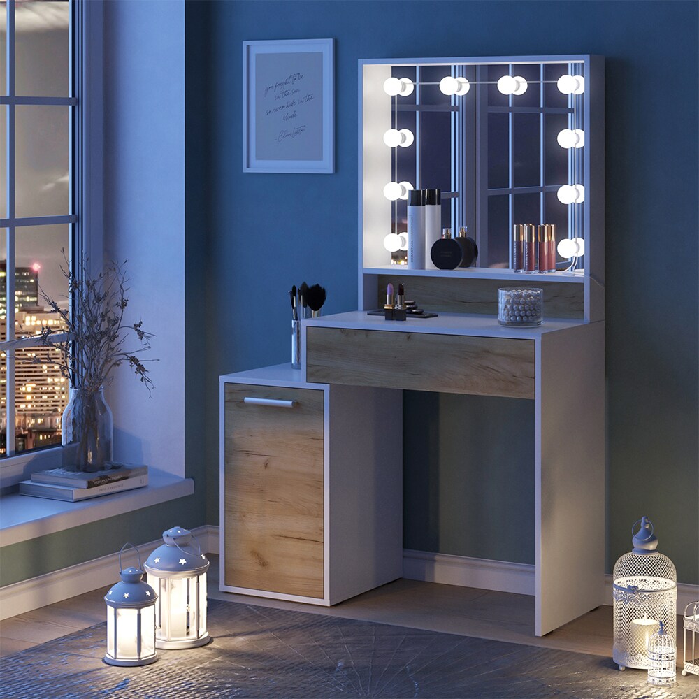 Vicco Schminktisch Altea 95 x 145 cm Weiß Eiche Frisiertisch Spiegel LED-Lampen