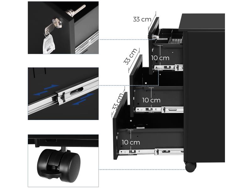 Songmics Multifunktionswagen mit drei Schubladen, Schwarz Rollcontainer mit Schloss