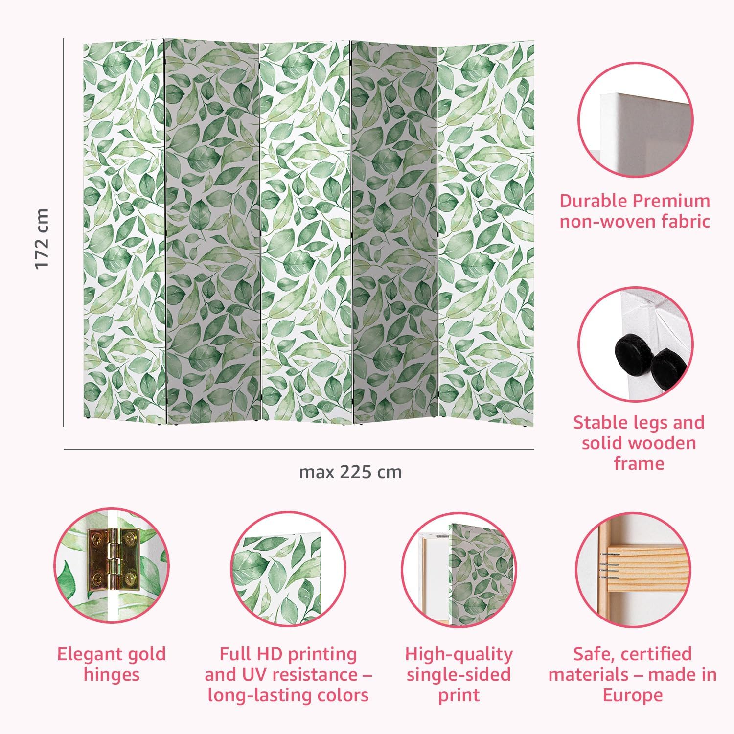 decomonkey Paravent Raumteiler Innen Pflanzen 225x172 cm 5 Teilig Einseitig Room Divider Wall Raumteiler Stehend Trennwand Sichtschutz Spanische Wand Sichtschutzwand Wohnzimmer Holz Laub Natur JD5282411