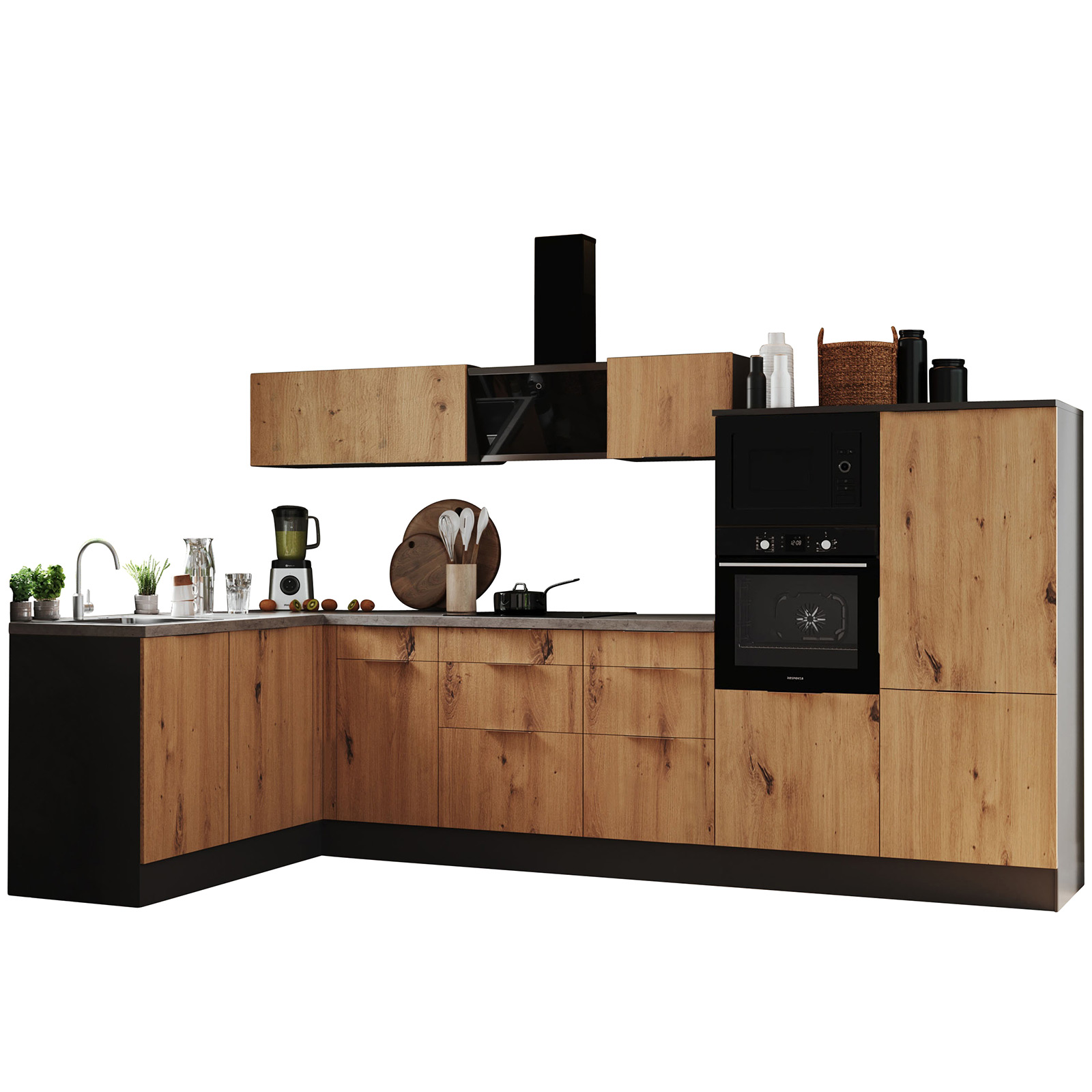 RESPEKTA Winkelküche - Artisan Eiche - grau matt - mit E-Geräten - 340x175 cm