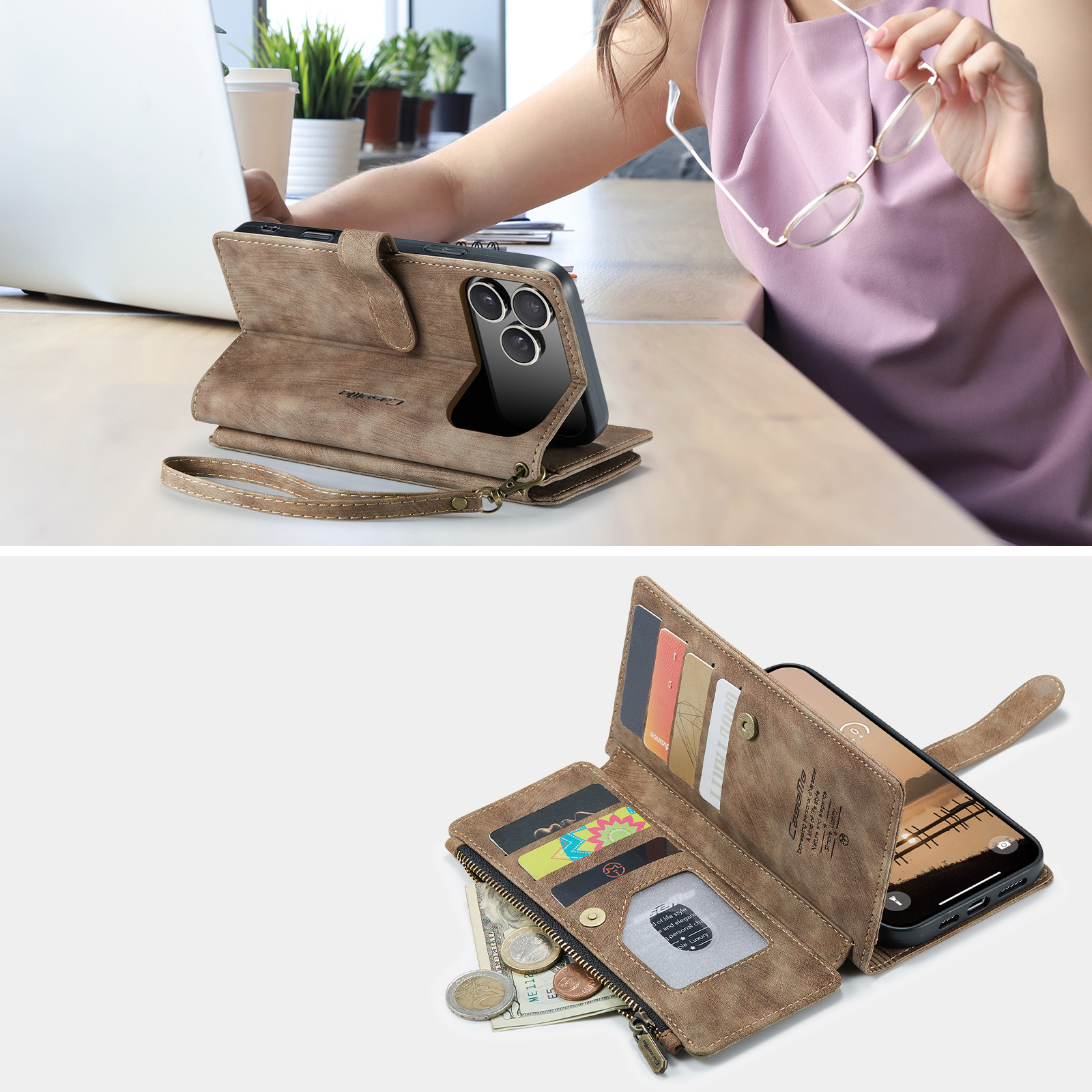 iPhone 17 Pro Max 2in1 Leder Tasche Karten Etui - Hellbraun