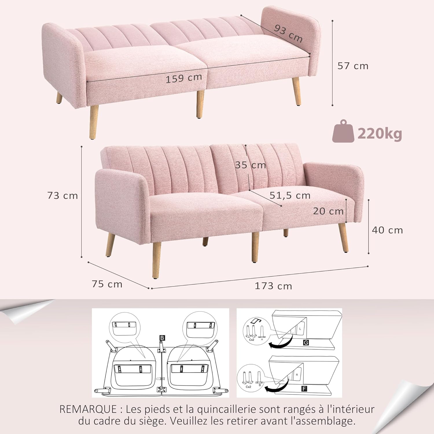 HOMCOM 2-Sitzer-Convertible-Sofa Skandinavisches Design Rückenlehne verstellbar 3 Positionen Füße Holz Stoff Leinenoptik Rosa