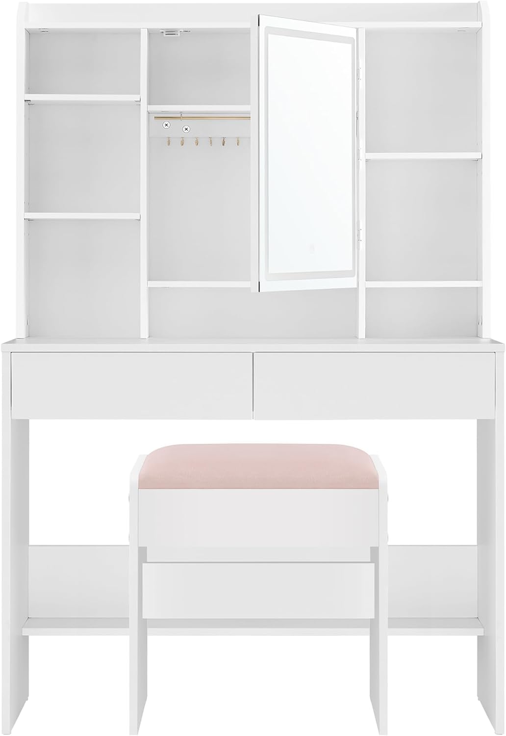 VASAGLE Schminktisch mit Beleuchtung, einstellbare Helligkeit, Hocker, Frisiertisch mit Spiegel, Kosmetiktisch mit verstellbaren Ablagen, 2 Schubladen, modern, wolkenweiß und pastellrosa RDT723W01