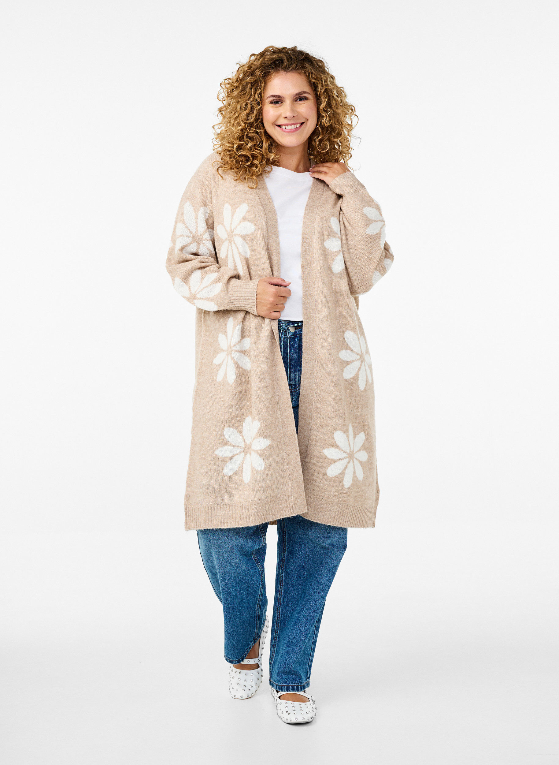 Lang strik cardigan med blomster