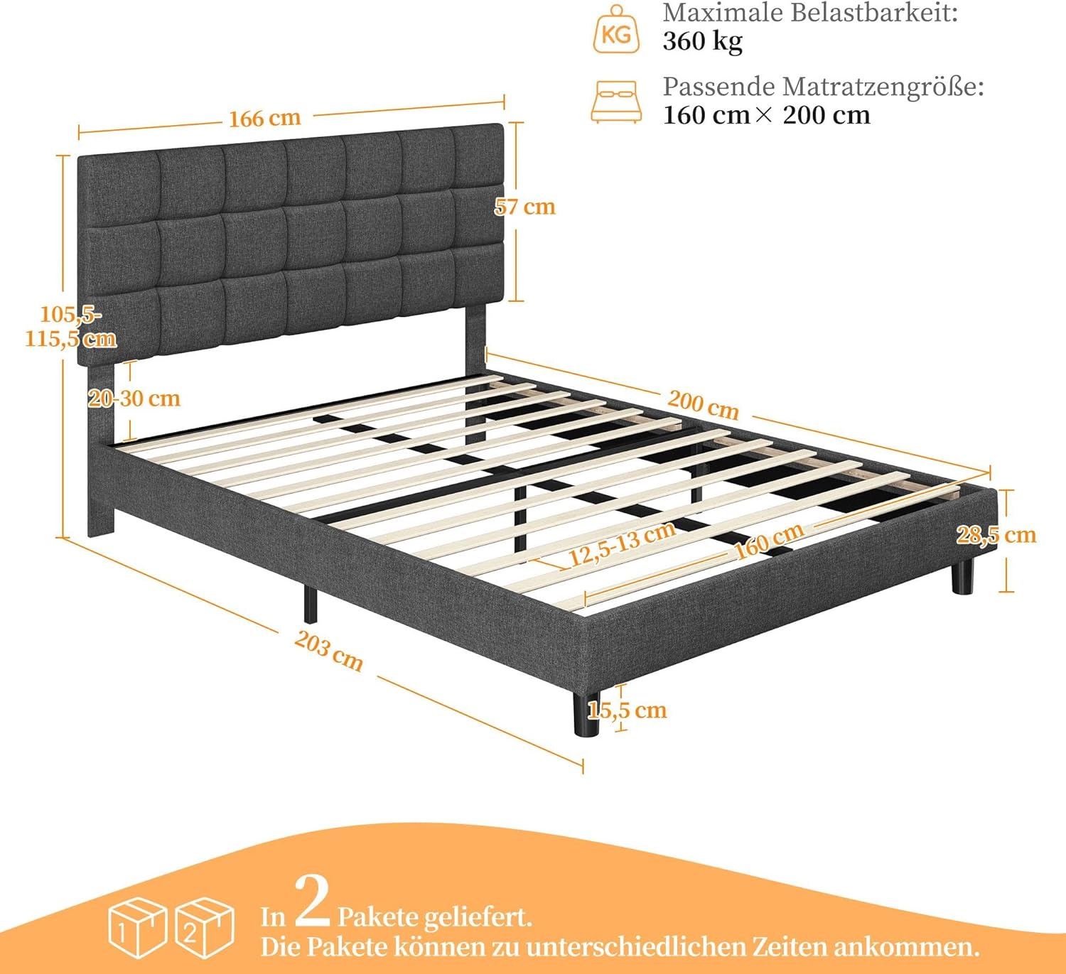 Yaheetech Polsterbett 160 x 200 cm Doppelbett mit Höhenverstellbarem Kopfteil, Stabiler Bettrahmen Stoffbett mit Lattenrost, Gepolstertes Bettgestell Jugendbett, Dunkelgrau