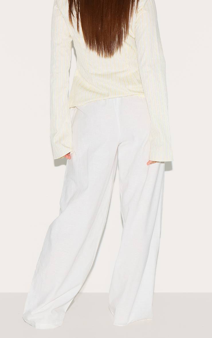 Blanc Pantalon Droit À Taille Élastiquée En Mélange Coton Lin