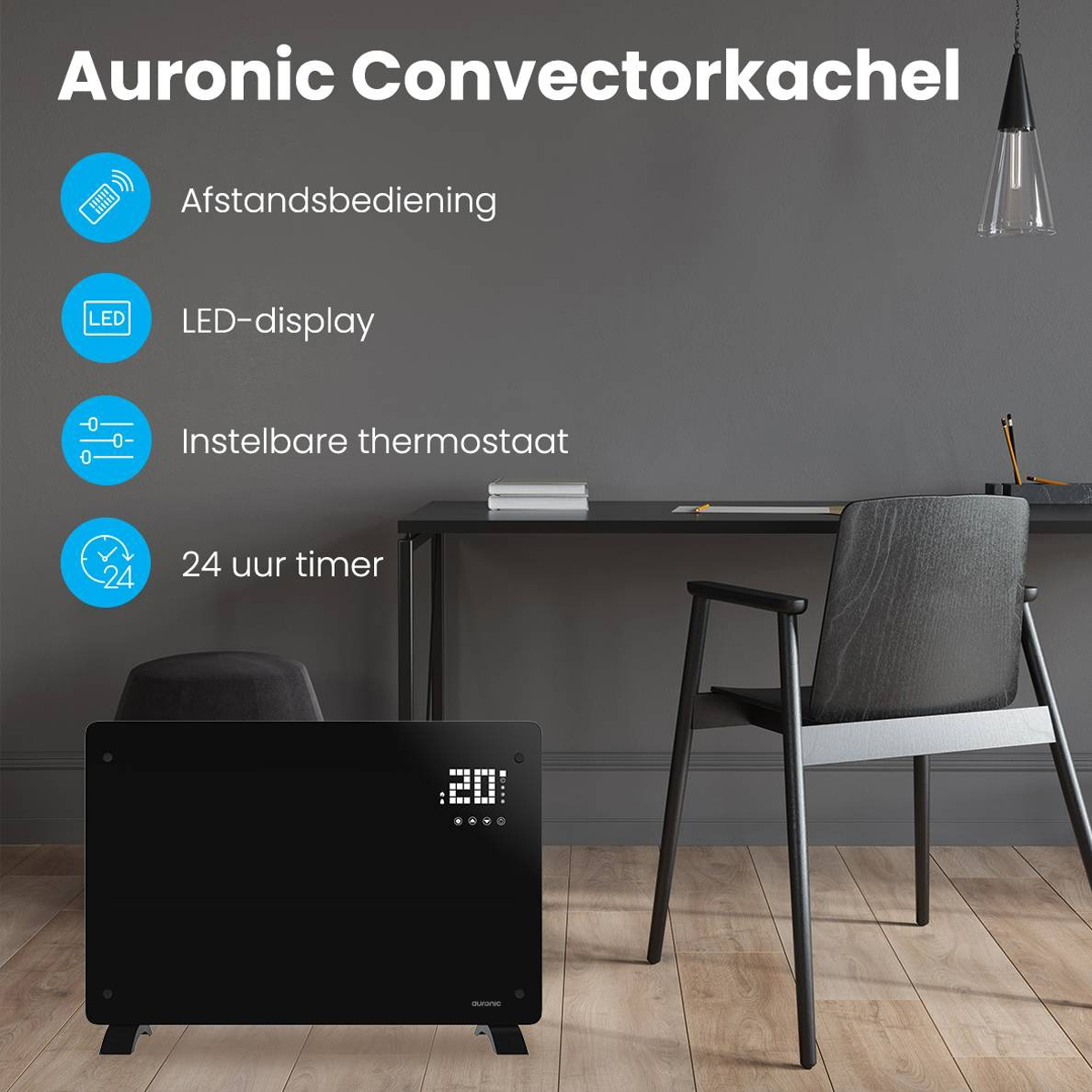 Auronic 2000 watt glazen paneelverwarming - Black