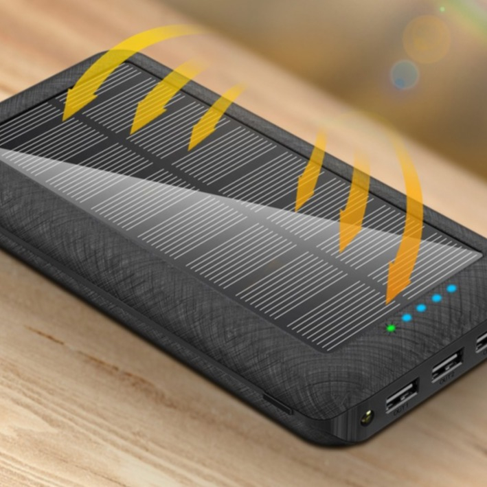 (2.1A) 20000mAh 3-fach USB A Solar Powerbank Qi Wireless Ladegerät mit Dual LED Taschenlampe - Schwarz