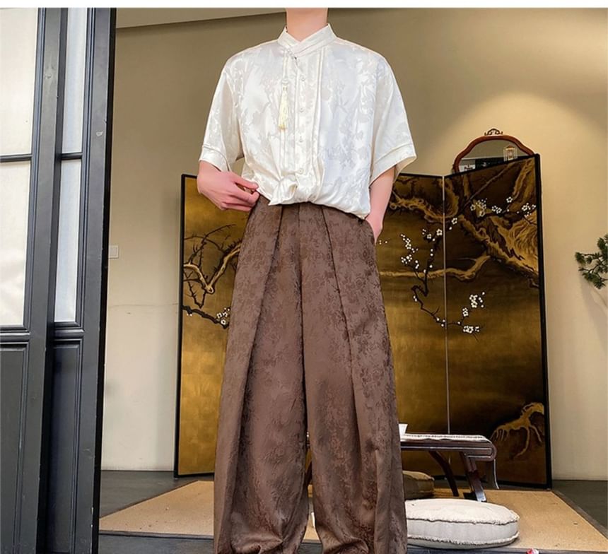 Omozando - Jacquard broek met wijde pijpen en middelhoge taille