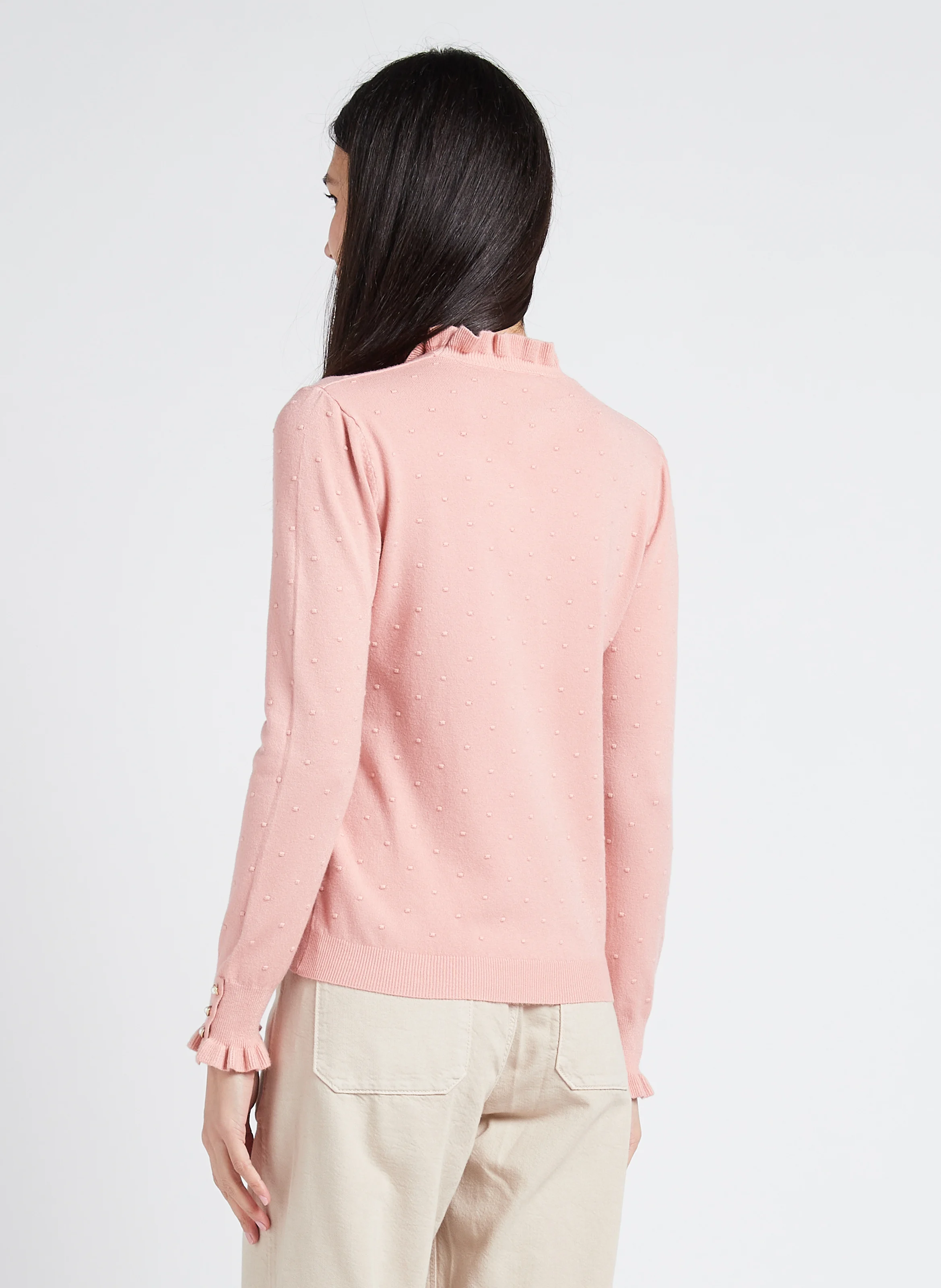 SOLFERINO - Pull col rond jacquard à volants | Rose