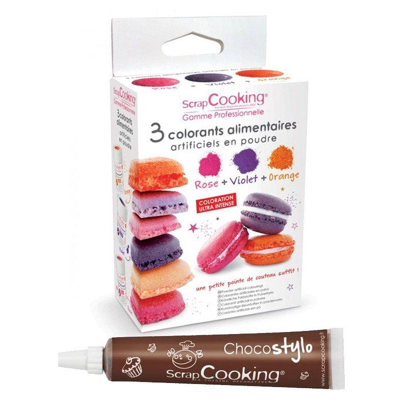 3 colorants alimentaires orange, violet, rose + 1 Stylo chocolat Scrap