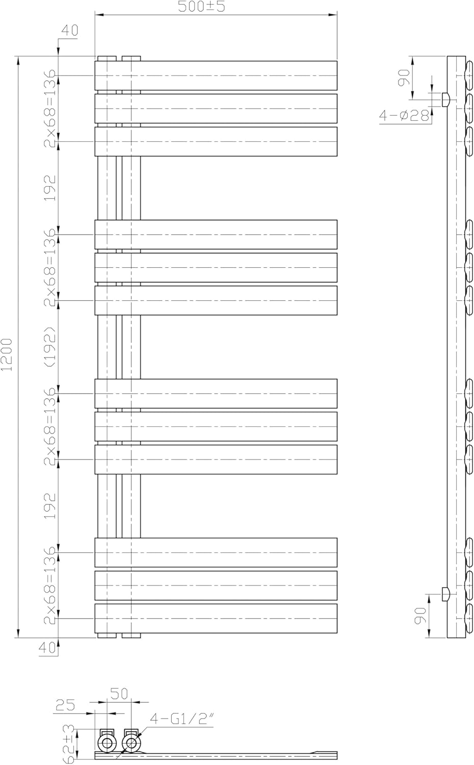 Design Badheizkörper Handtuchwärmer G12-1200x500mm - Farbe wählbar, Farbe:Weiß