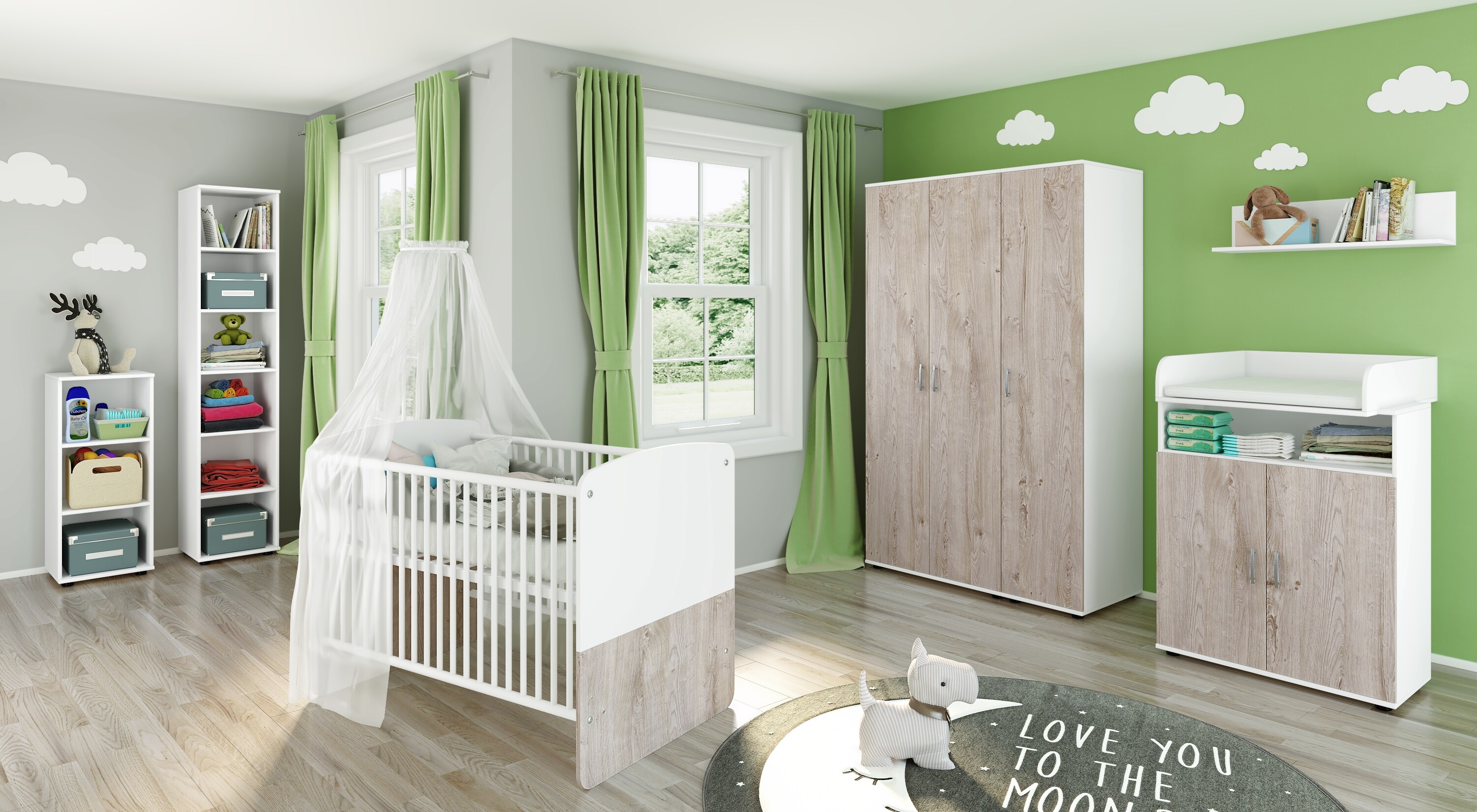nonjoo. Babyzimmer Hanna Set 10: best. aus Babybett, Kommode, Wickelaufsatz, Wandboard, Regal mit 3 Fächern, Regal mit 6 Fächern und Kleiderschrank 3-trg.