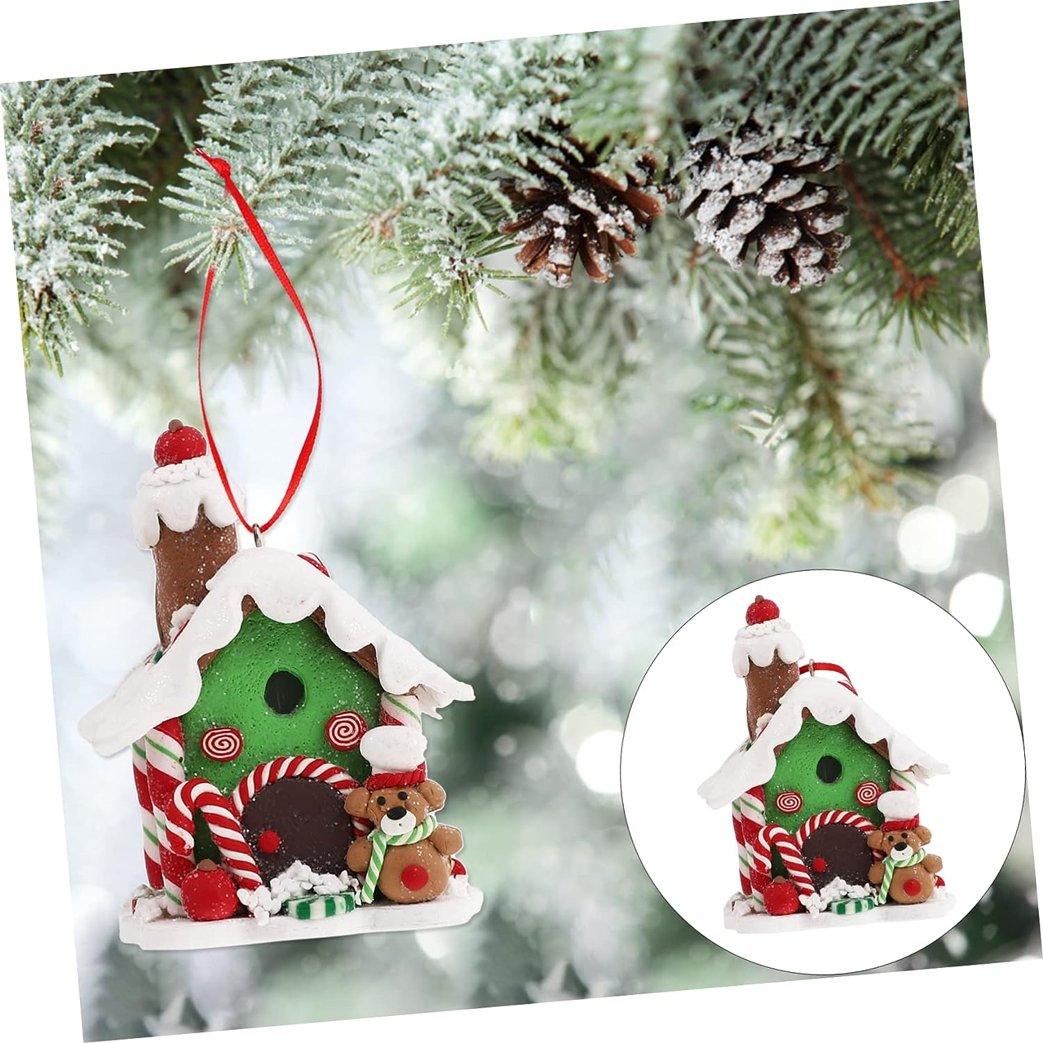 (3er Set) LED Christbaum Schmuck Weihnachtsbaum Deko Ornamente (inkl. LR44 Batterien) - Lebkuchenhaus Rot