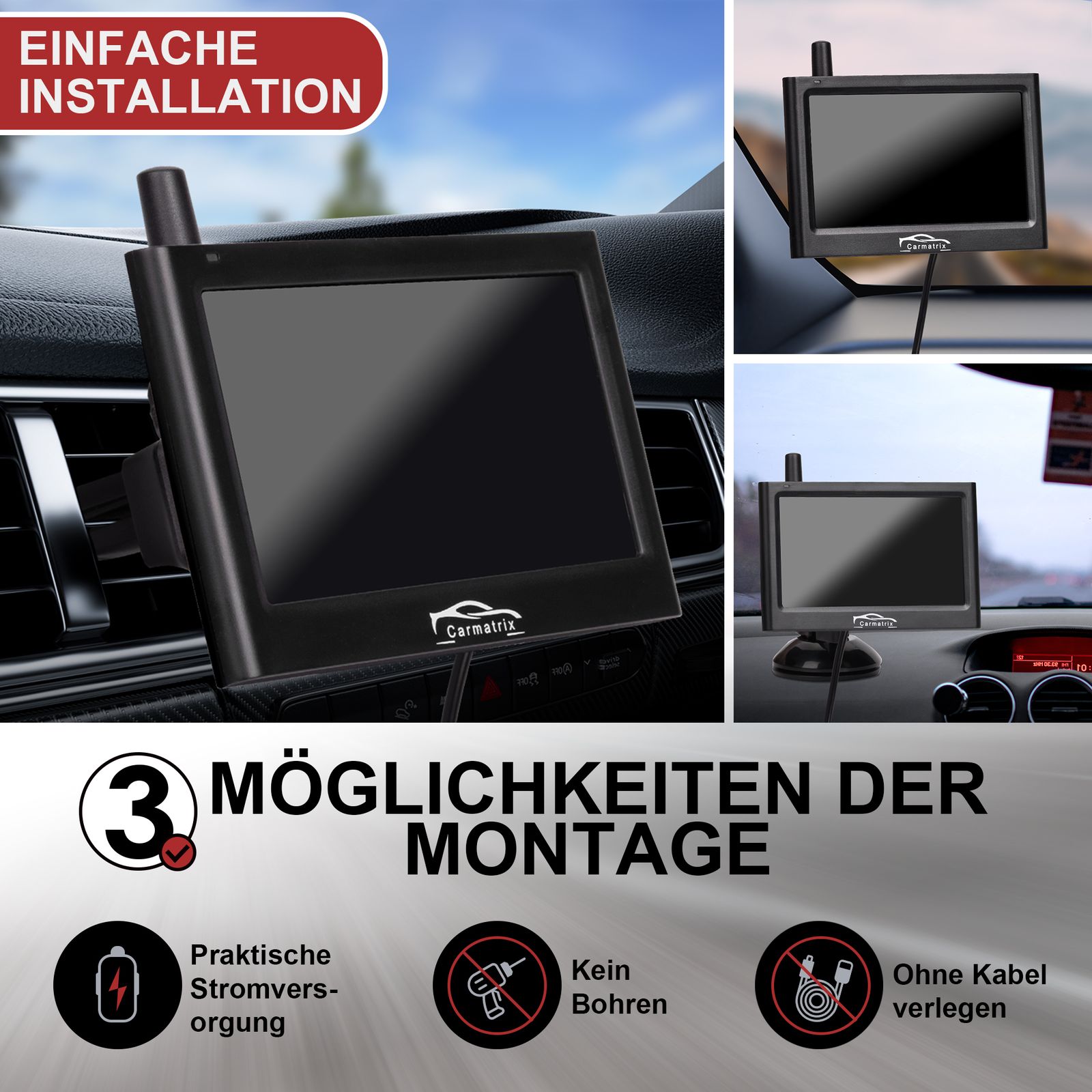 CARMATRIX Solar Funk Rückfahrkamera mit Monitor Rückfahrsystem kabellos mit Solarpanel für PKW