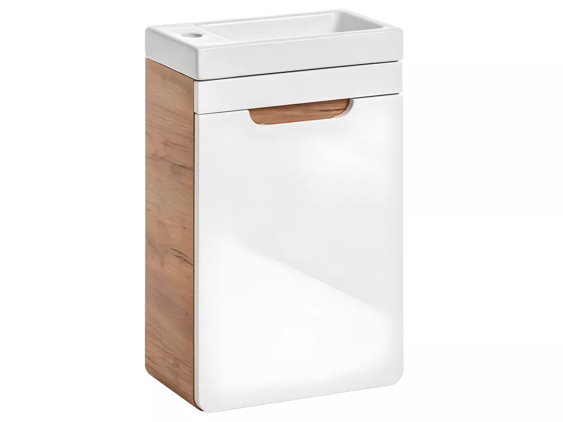 Meuble sous lavabo de salle de bain - Chêne artisanal doré et blanc brillant - L40-H60-P22 - ARRIBA