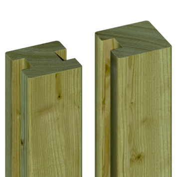 Sleufpaal tussen grenen ca. 8,8 x 8,8 cm, lengte ca. 270 cm