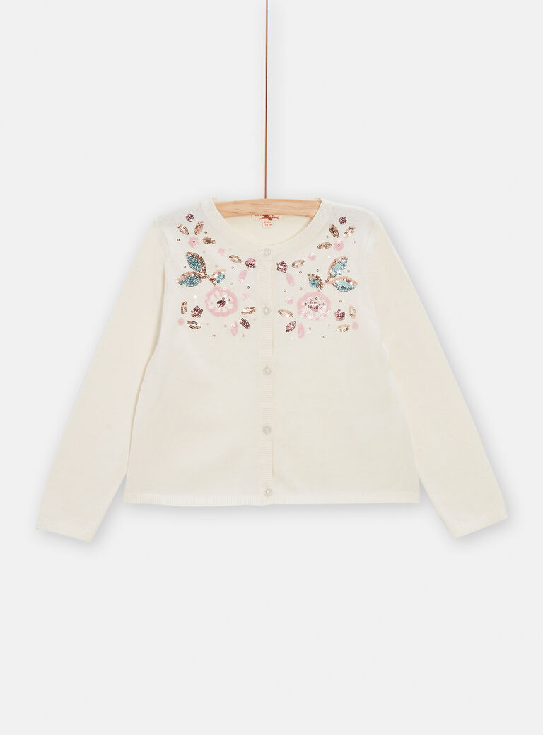 Cardigan écru animation sequins fleuris pour fille