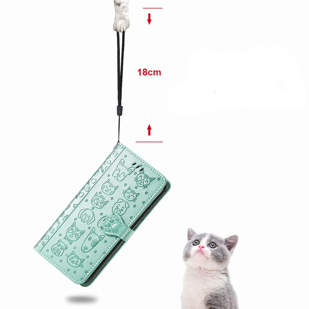 iPhone SE (2022/2020) / 8 / 7 / 6S Leder Tasche Flip Cover Hunde & Katzen Imprint - Türkis