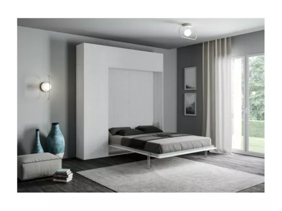 Lit escamotable avec colonne de rangement et éléments hauts bois frêne blanc kanto 160x190