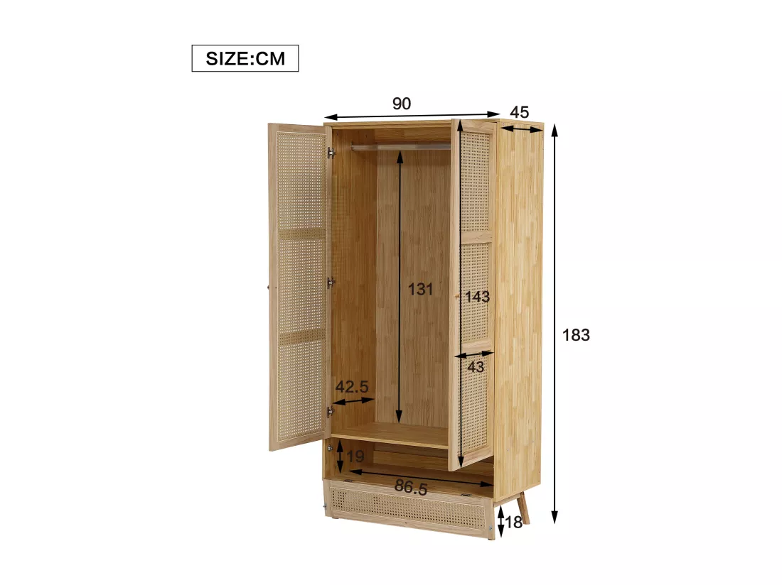 Armoire avec tringle - 2 portes grillagées en rotin et 1 compartiment abattant - Naturel
