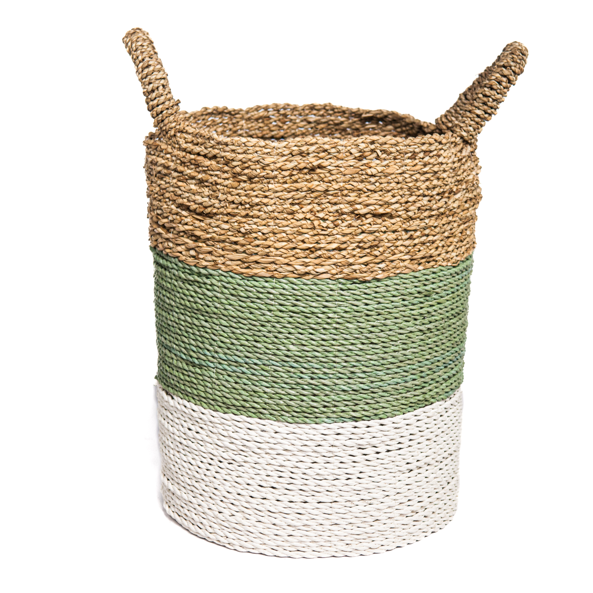 Zeegras waterhyacint gevlochten mand natural/groen-grijs/wit XS
