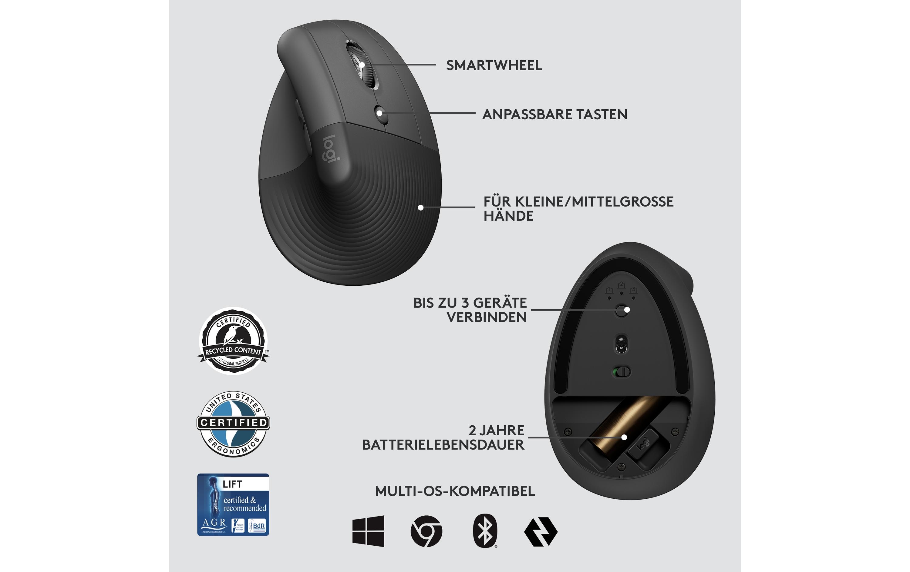 Ergonomische Maus Lift for Business GraphiteKomfortable ergonomische Maus mit vertikalem Design für kleine bis mittelgrosse Hände