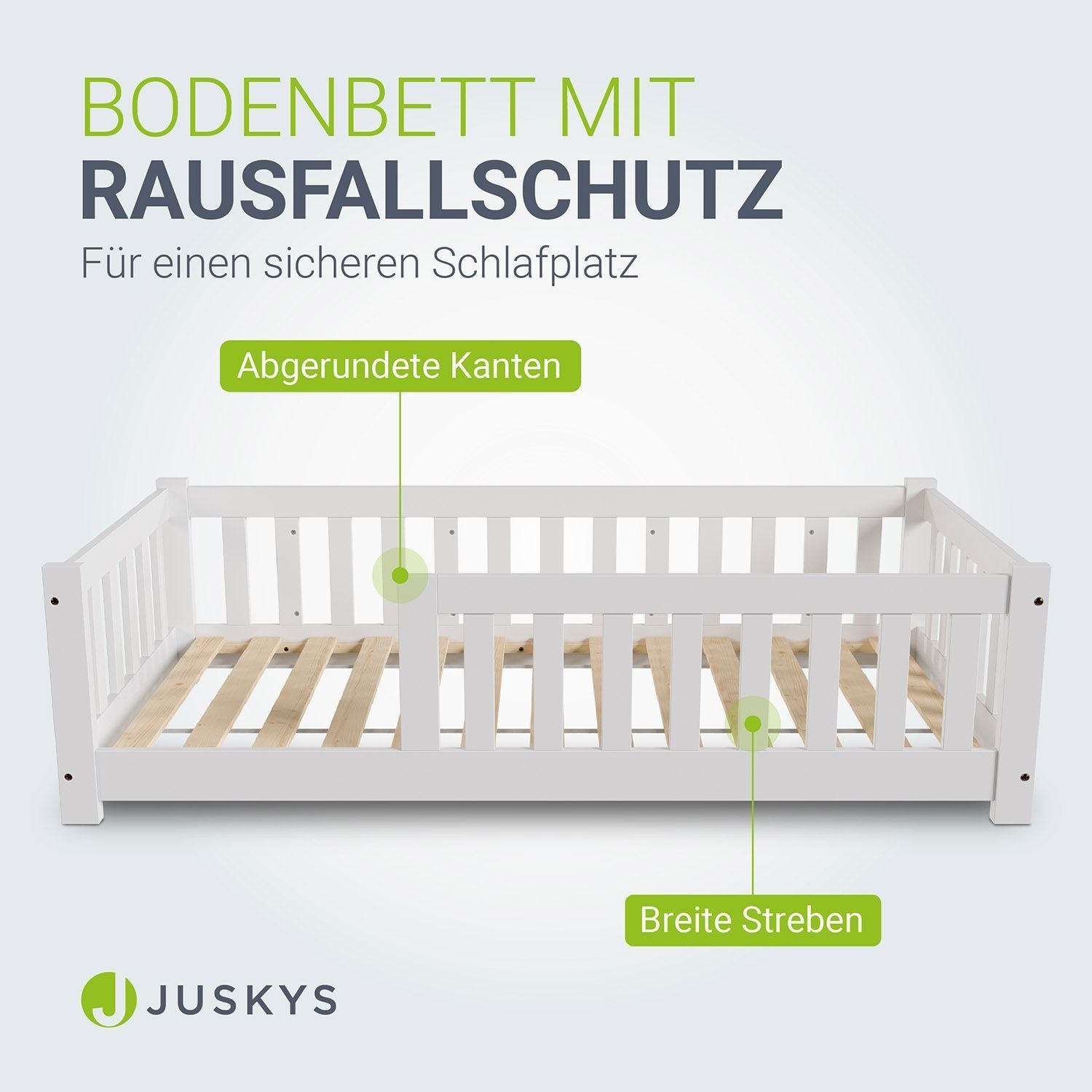 Juskys Kinderbett Naya 80x160 cm - Bett mit Matratze, Rausfallschutz & Lattenrost - Bodenbett Weiß