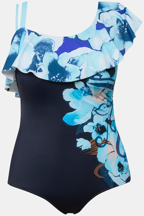 One-Shoulder-Badeanzug, Blüten, Softcups, Volant