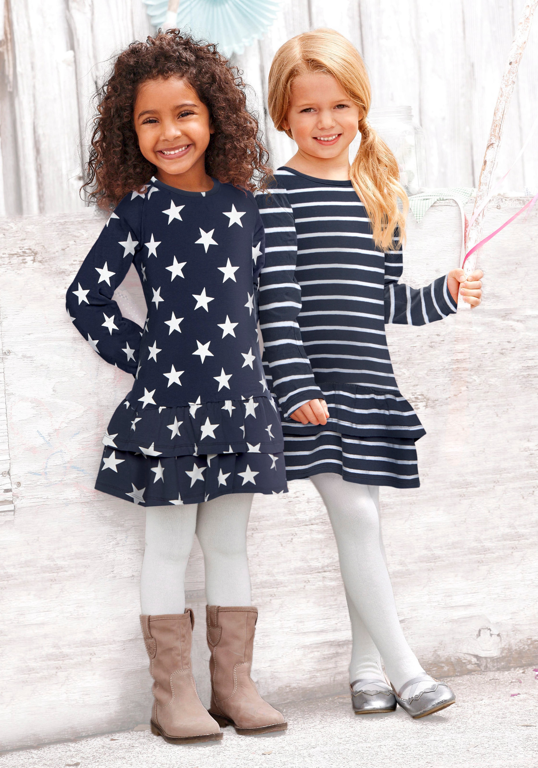 KIDSWORLD Jerseykleid », 2er Pack für kleine Mädchen« Packung, 2 Stk. tlg. festliche Anlässe,  kniefrei,  verspielt,  aus Jersey,  Langarm