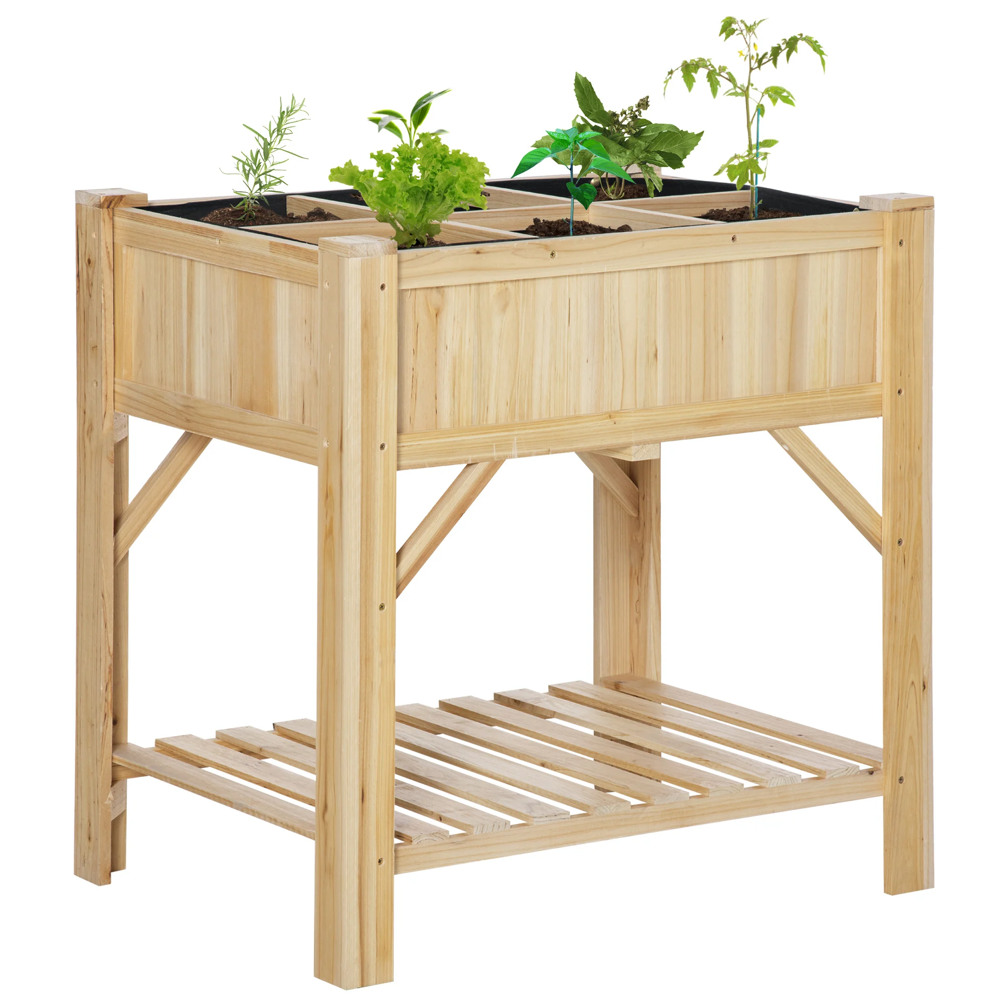 Canteiro elevado de madeira Outsunny Urban Garden, 78,5 x 58 x 81 cm, com 6 compartimentos e prateleira inferior, ideal para plantas e flores em jardins, terraços e áreas externas. Cor natural.