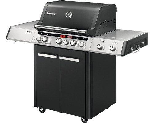 Enders® UNIQ PRO 3 IK CRUSTER 3-pits gasbarbecue, zwart/aluminium-zilver, inclusief dekselthermometer, vetopvangbak, grillrooster, hittebestendige handgreep, krachtige warmtezone, zijplank, houder voor grillgerei. Grillrooster: geëmailleerd gietijzer