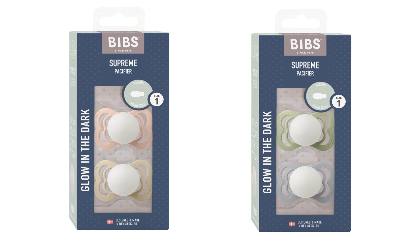BIBS - Pacifier Supreme 2x 2 PAK Silikone- Blush/Vanilla GLOW & Sage/Cloud GLOW - Str 1