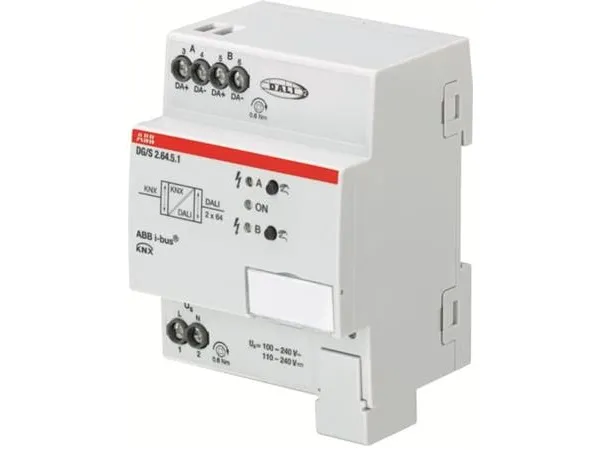 ABB DALI Gateway Premium, 2 kanal, MDRC, Styrer op til 2x64 Dali-enheder enkeltvis eller i grupper, Understøtter: DT-8, HCL, 90x70x63,5mm