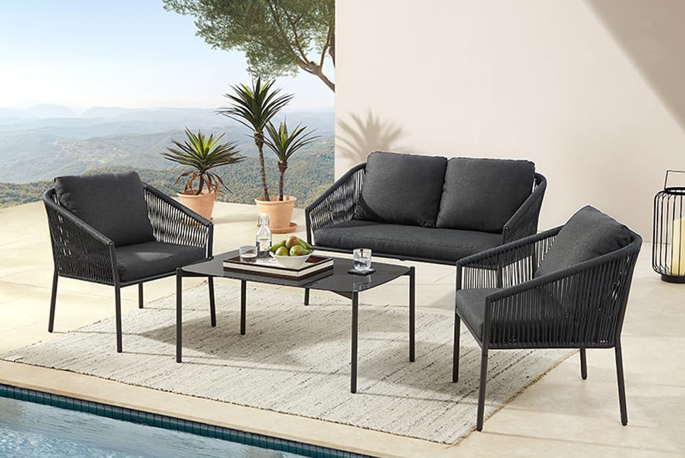 Riess Ambiente Outdoor Garten-Sitzgruppe AIRE Rope anthrazit wetterfest inkl. Tisch und Kissen