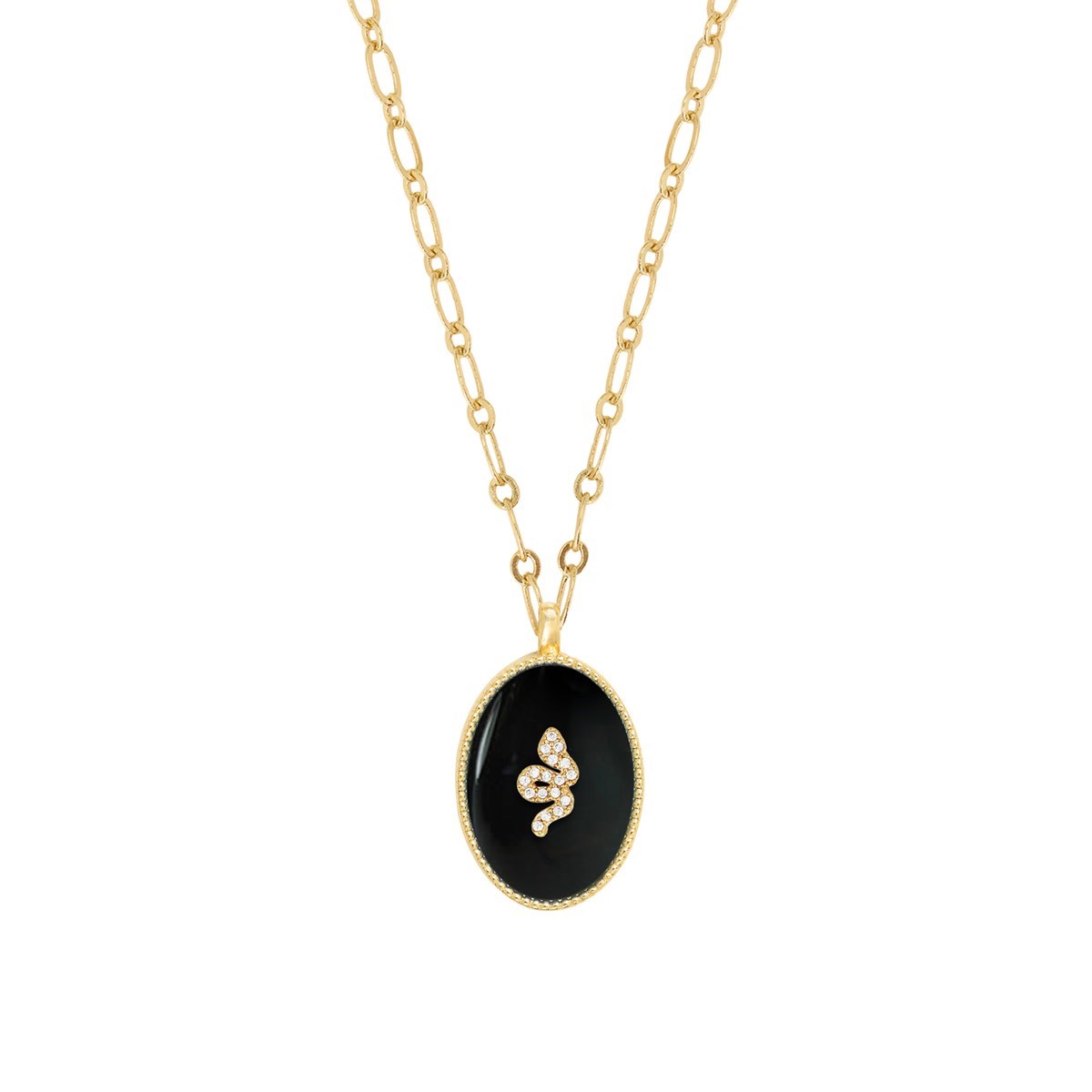 Collier agate noire et serpent zircons doré à l'or fin 24k SALOMÉ