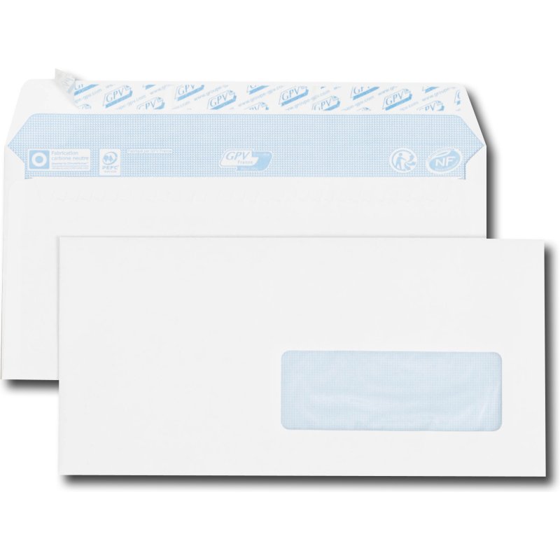 Enveloppe blanche 110 x 220 mm GPV 80 g avec fenêtre 35 x 100 mm - Boîte de 500