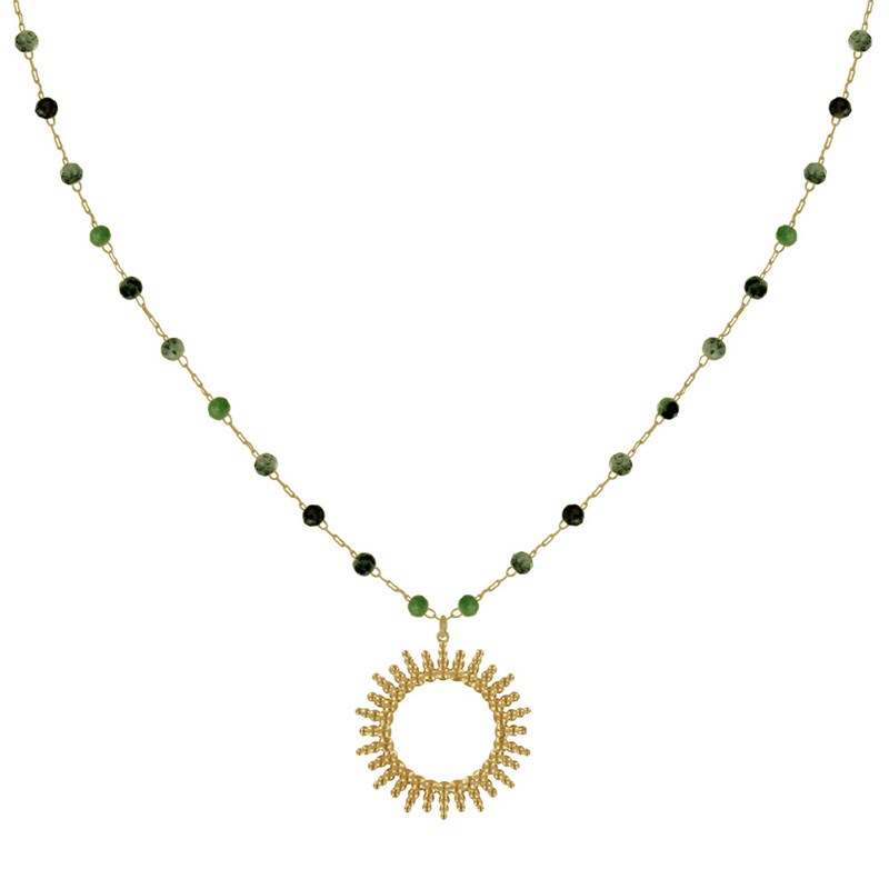 Collier Plaqué Or Soleil de Billes Ajouré et Perles Facettées Rubis Zoïsite
