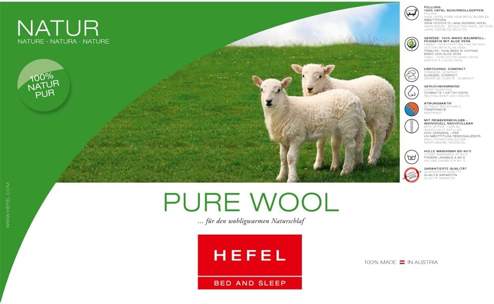 Hefel Bettdecke Pure Wool Ganzjahresdecke Naturhaardecke Schafschurwolle 430 g/m² (155 x 220 cm)