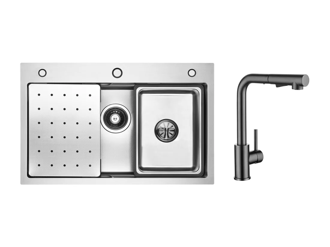 Évier 1 Bac 70×45×21.5CM Évier Inox Argent avec Egouttoir,Vasque, Distributeur de Savon + Mitigeur Cuisine Avec Douchette Extractible