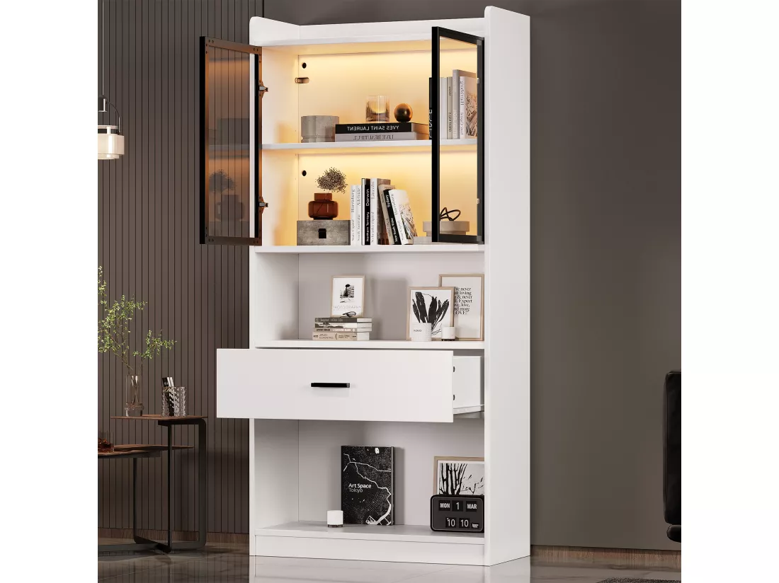 URBAN MEUBLE Vitrine blanc étagères 1 grand tiroir 2 portes en verre avec LED 80*35*153.5cm