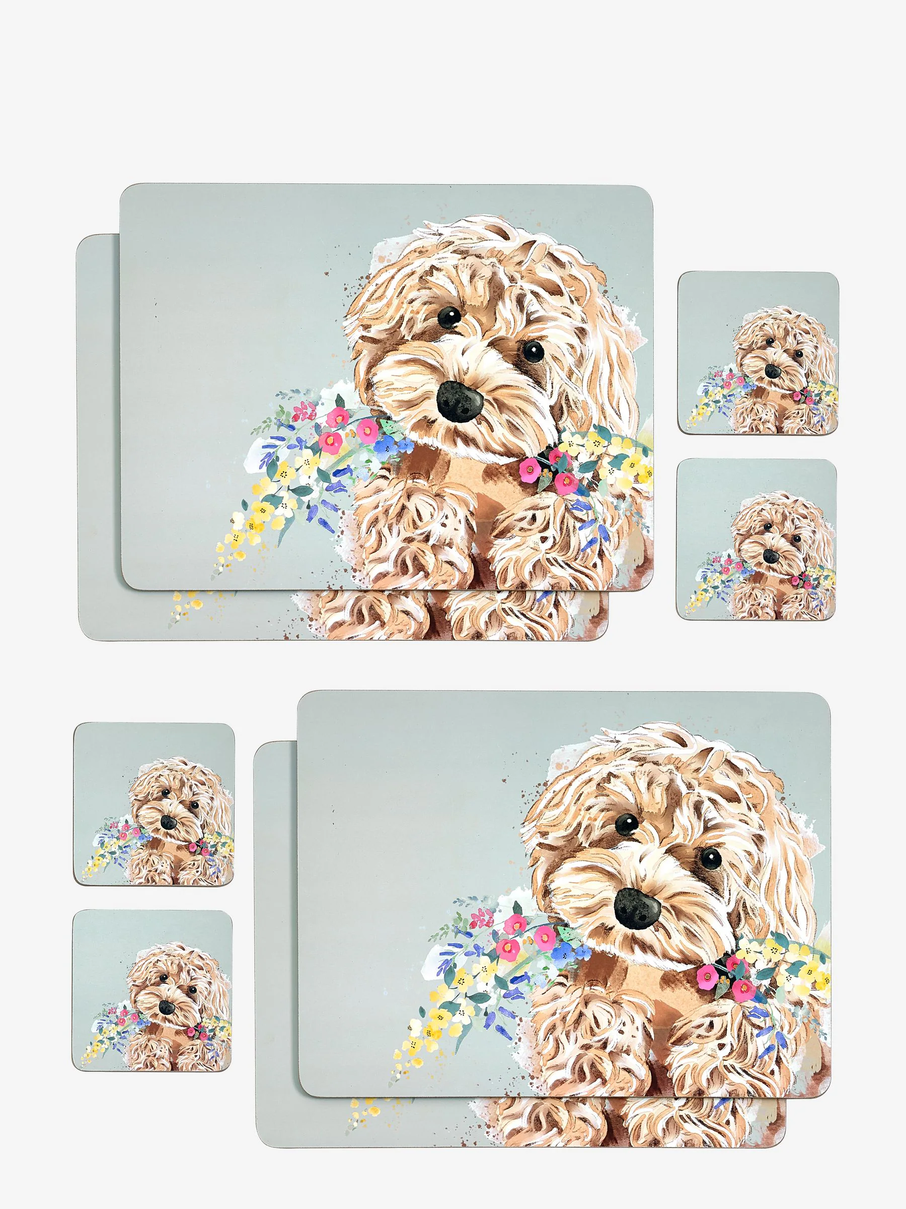 Set van 4 placemats en onderzetters met cockapoo Charlie-print